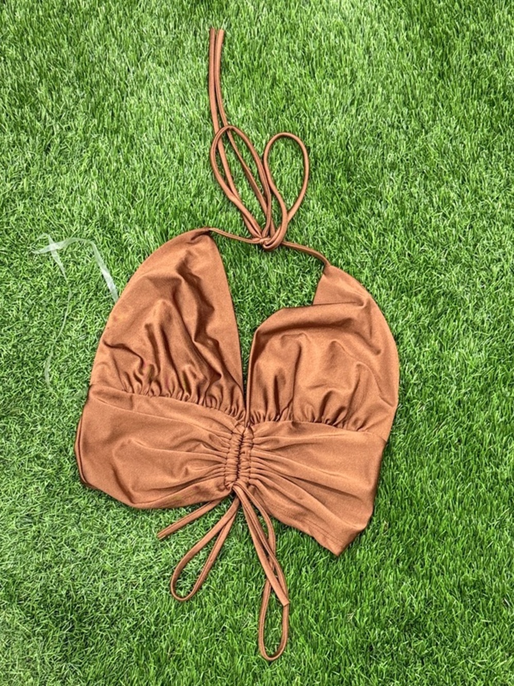 Ruched Halter Crop Top in Rust Brown